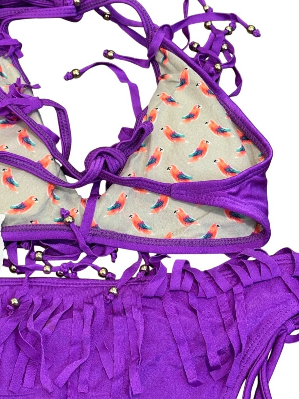Raisins Purple Fringe Bikini Set With Beaded Accents & Parrot - Picture 7 of 7